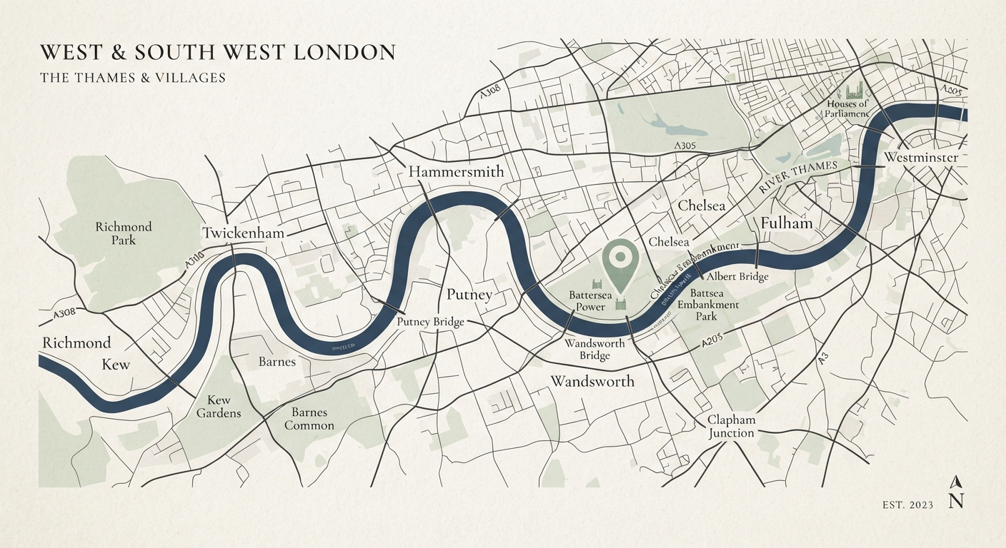 Stylised map of West and South West London along the River Thames