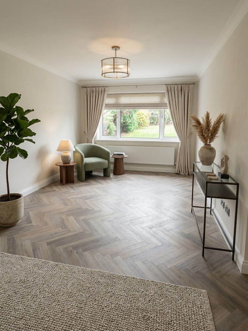 Living room with herringbone flooring