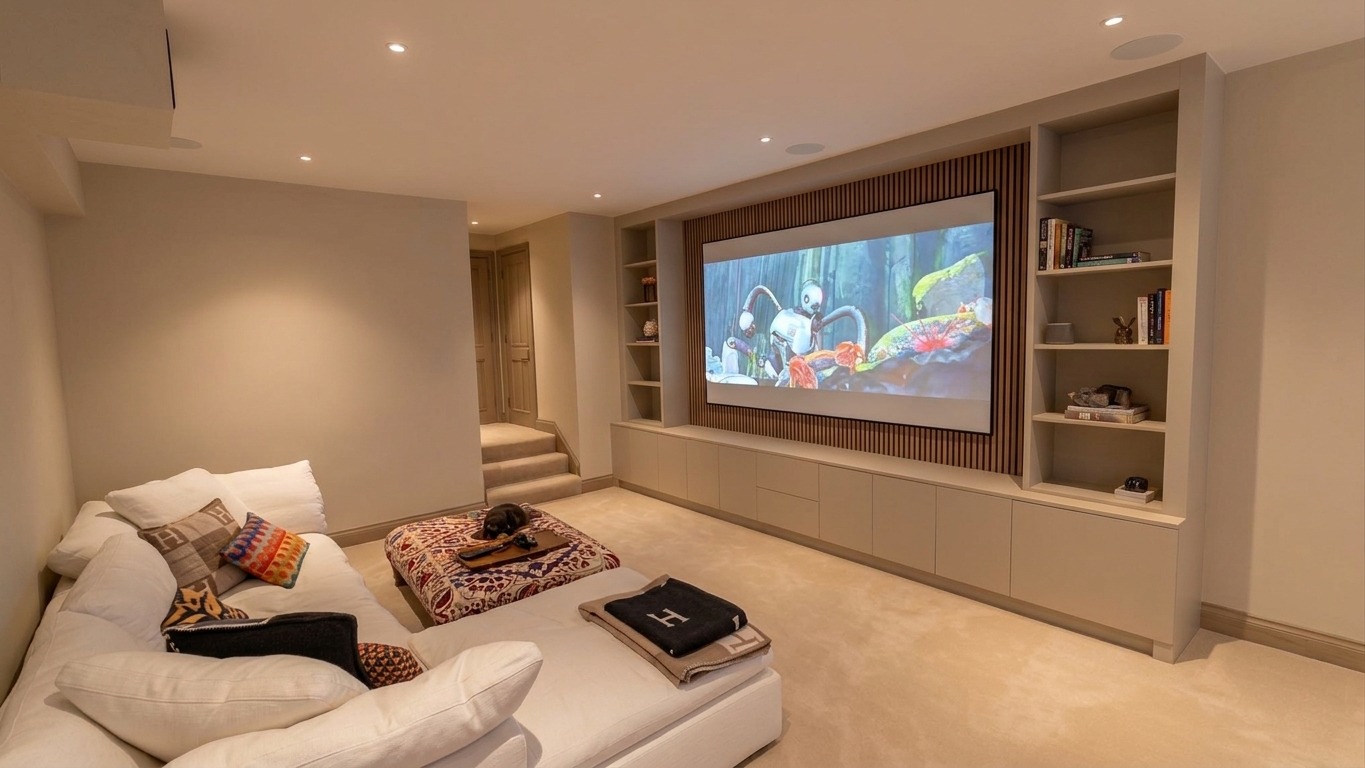 Cinema room with large screen and fitted cabinetry
