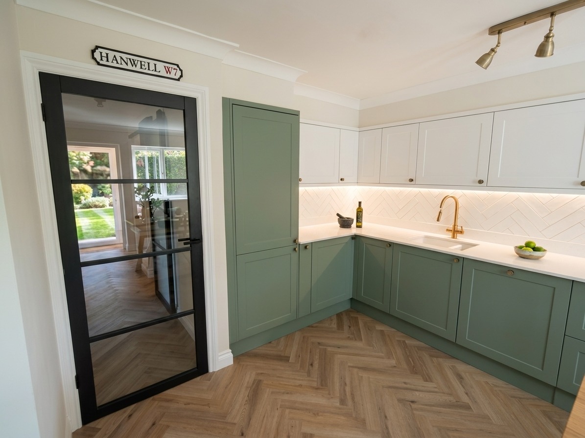 Sage green shaker kitchen with herringbone floor